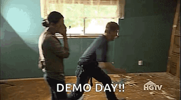 A guy yelling demo day and crashing himself into a wall